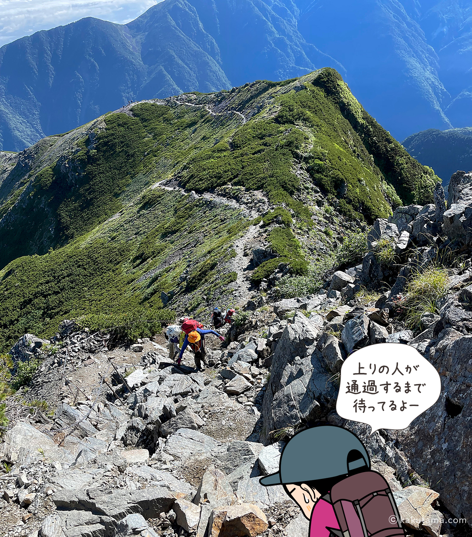 北岳右俣コースの唯一の岩場を見下ろす登山者のイラストと写真