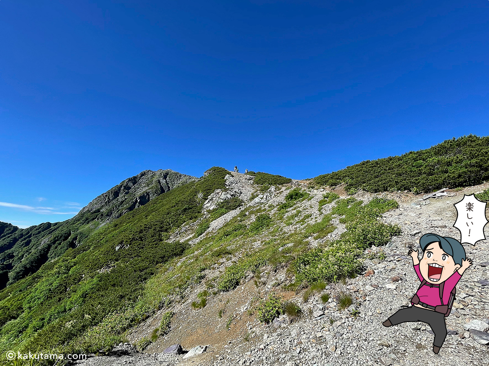 右俣コースを気持ちよく下山する登山者のイラストと写真