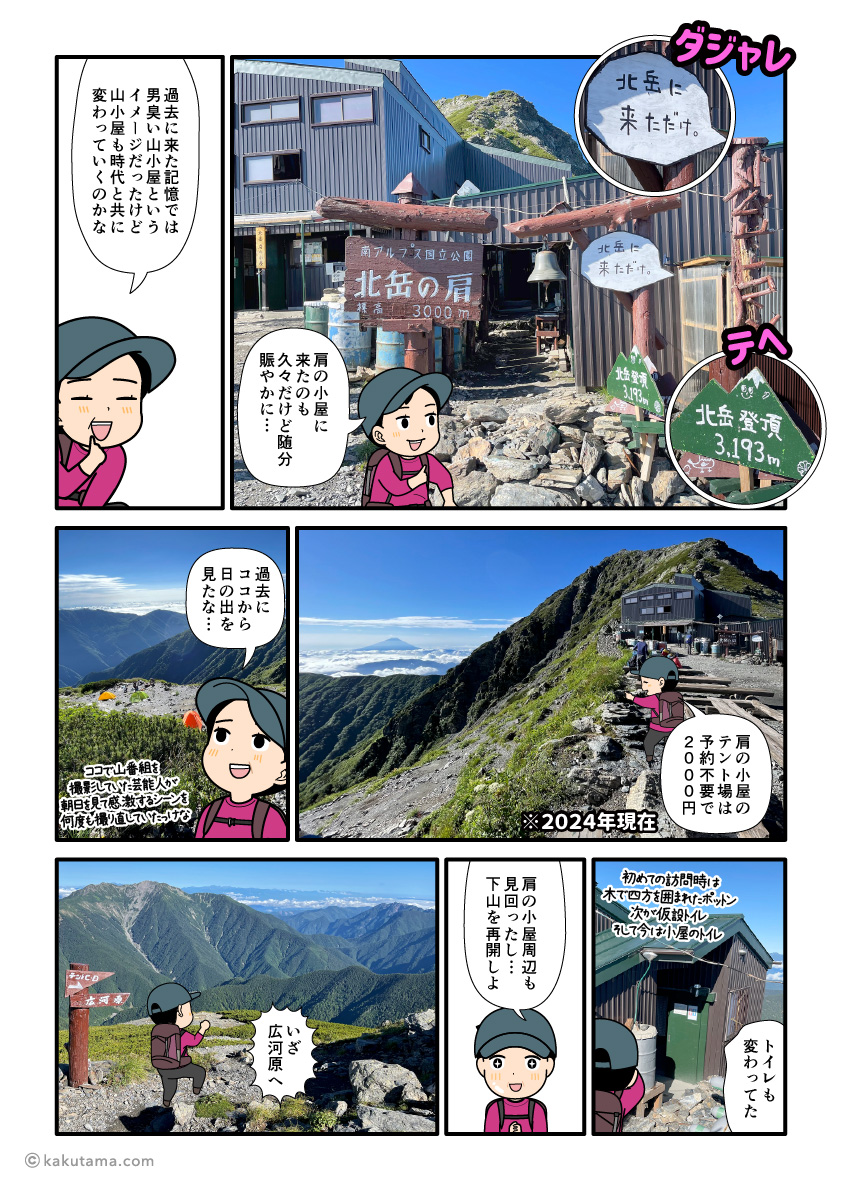 北岳の肩の小屋の外観を見て回る登山者の漫画とイラスト