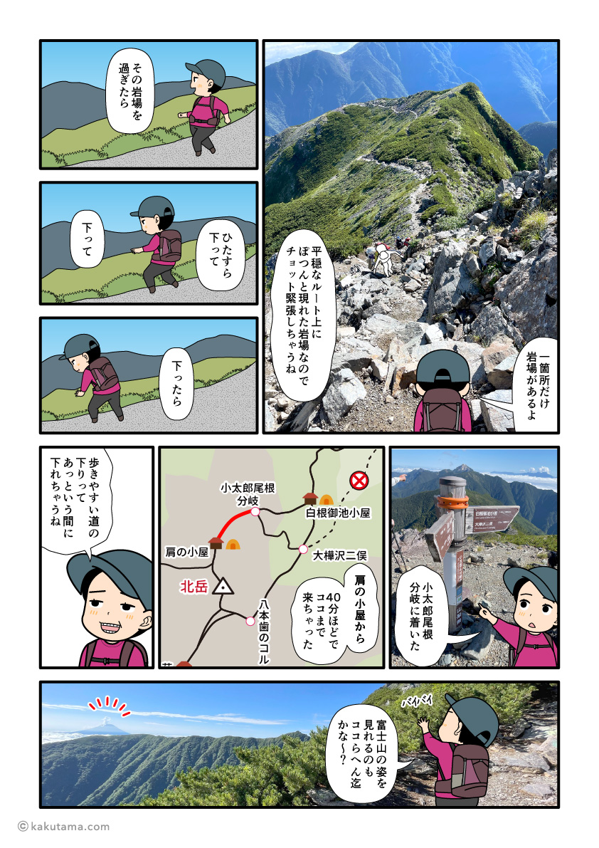 北岳肩の小屋から下山を開始し小太郎尾根分岐に着いた登山者の漫画と写真とイラスト