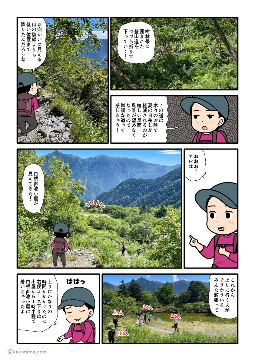 白根御池小屋に到着した登山者の漫画と写真とイラスト