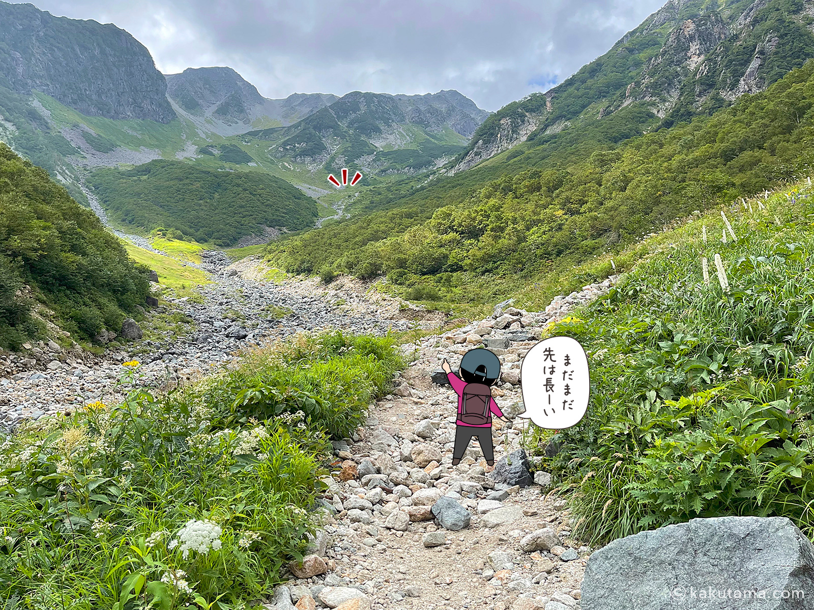 槍ヶ岳方面を見上げる写真と登山者のイラスト