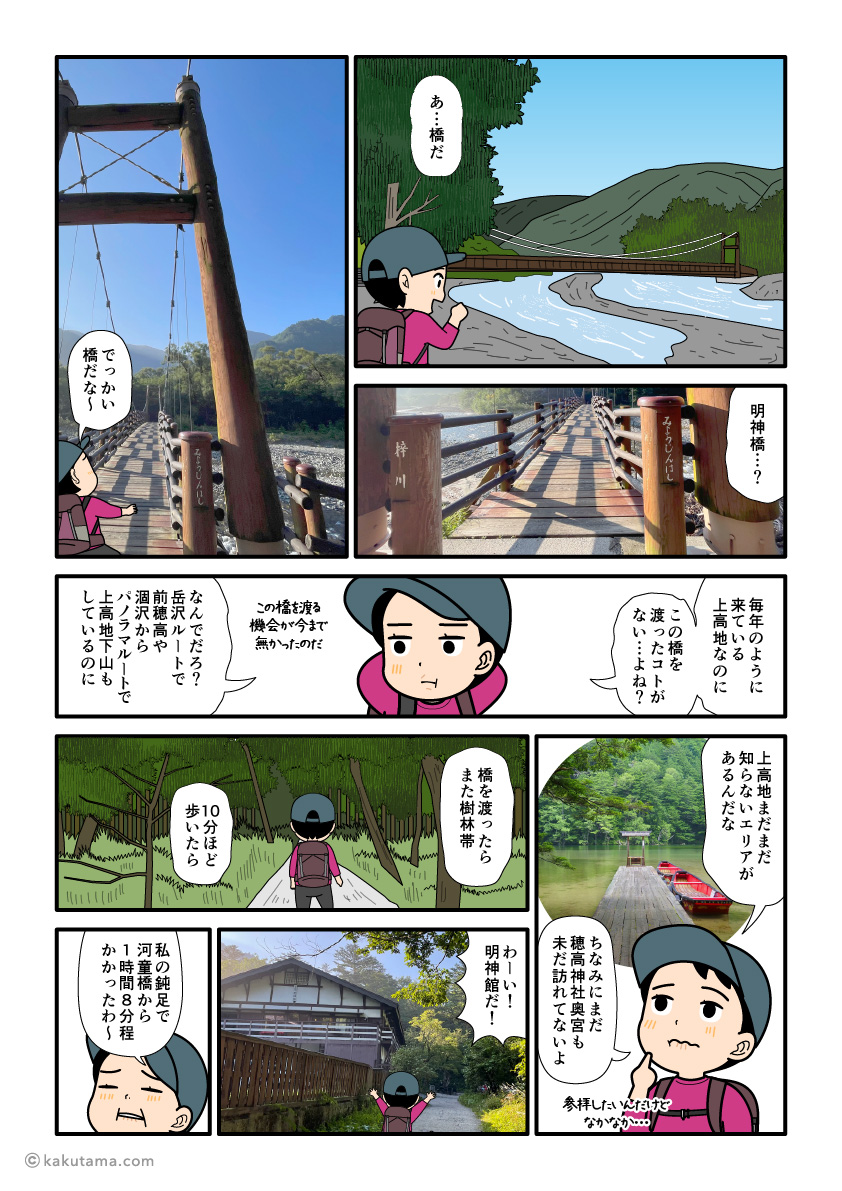 上高地左俣ルートから明神橋を渡って明神館へ向かう登山者の漫画