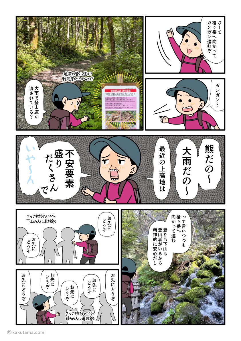 横尾から槍沢方面へ歩き始める登山者の漫画