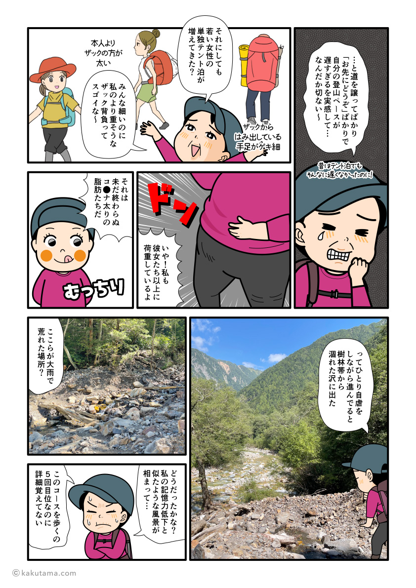 横尾から槍沢方面へ歩き始める登山者の漫画