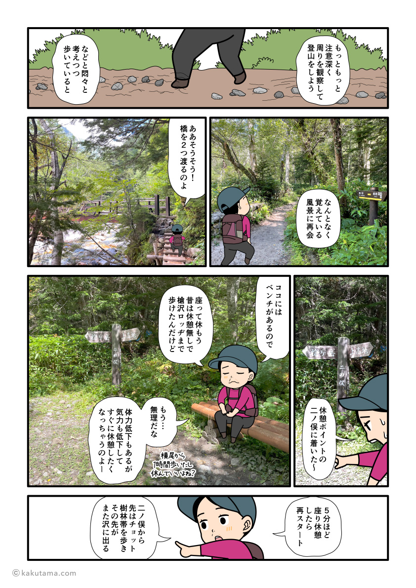 横尾から槍沢方面へ歩き始めニノ俣で休憩する登山者の漫画