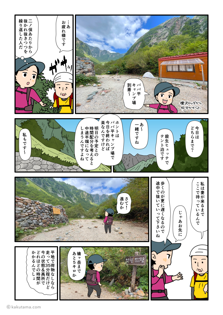 槍沢ロッヂと槍ヶ岳の間にあるババ平キャンプ場についた登山者の漫画