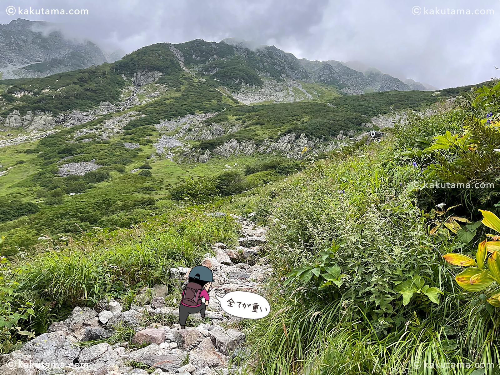 槍沢大曲りからの登山道の写真と登山者のイラスト