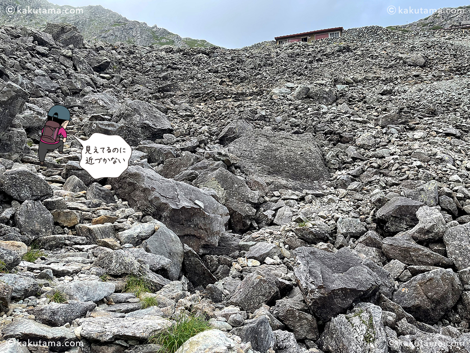 殺生ヒュッテが見えているのに、なかなかたどり着けない写真と登山者のイラスト