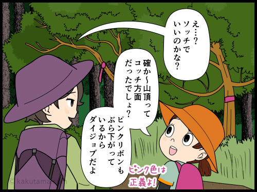 登山道にあるピンクリボンを信じて道迷いをしかけた登山者の4コマ漫画