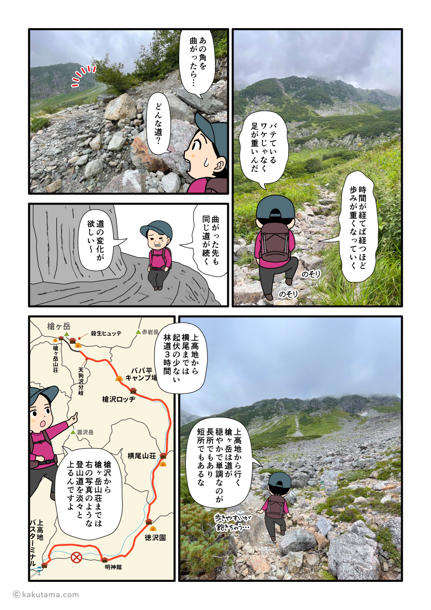 上高地から横尾、槍沢経由で槍ヶ岳を目指す登山者の漫画