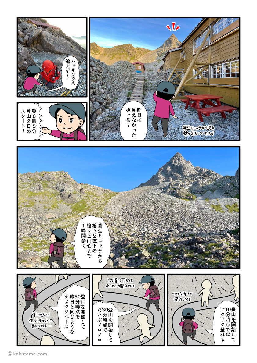 殺生ヒュッテから槍ヶ岳へ向かって出発する登山者の漫画