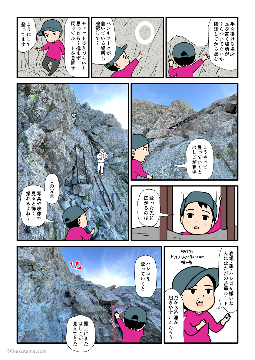 槍ヶ岳のハシゴを上っていく登山者の漫画とイラスト