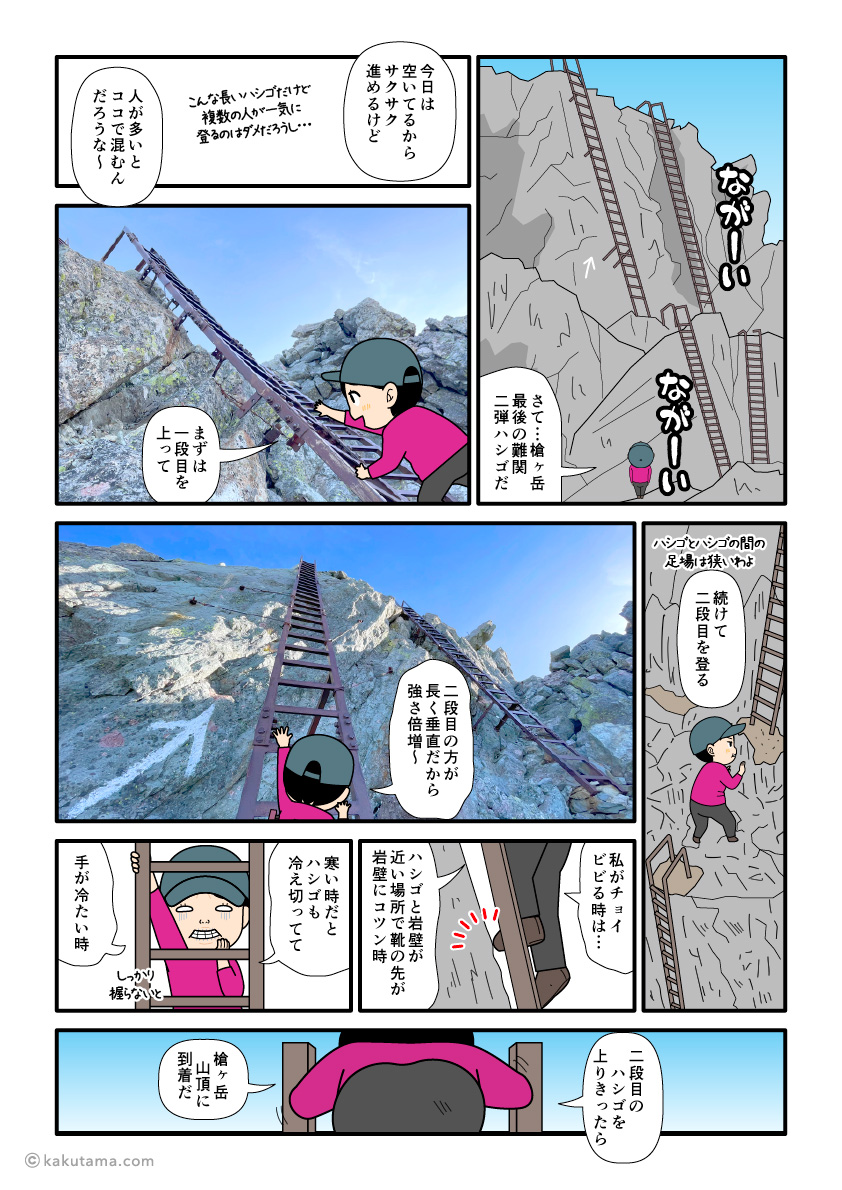 槍ヶ岳の最後の長いハシゴを登る登山者の漫画とイラスト