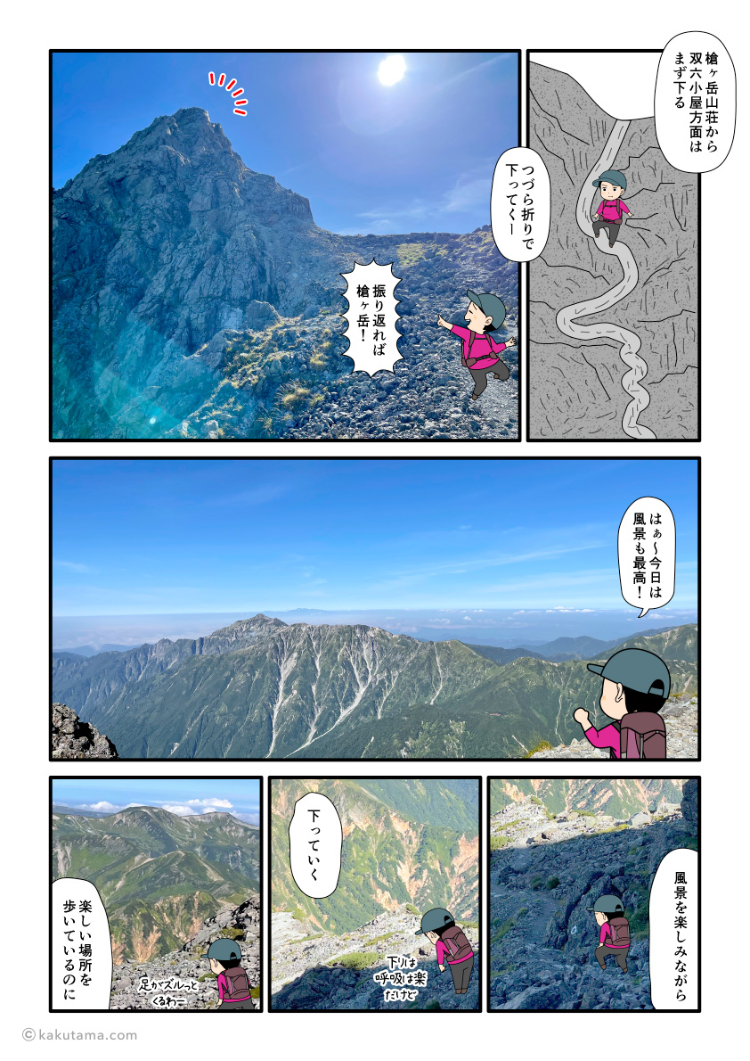 槍ヶ岳から西鎌尾根を通って双六小屋方面へ向かう登山者の漫画とイラスト