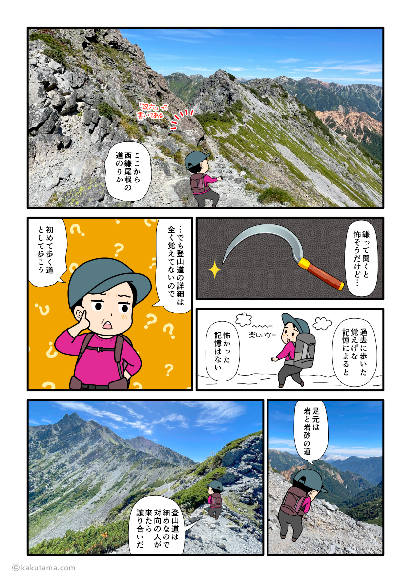 西鎌尾根を双六方面へ向かって歩き出す登山者の漫画とイラスト