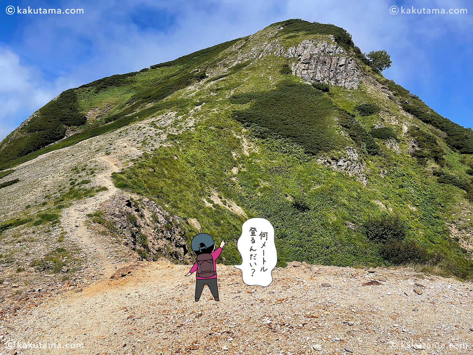 北アルプス、西鎌尾根のピークを見上げる写真と登山者のイラスト