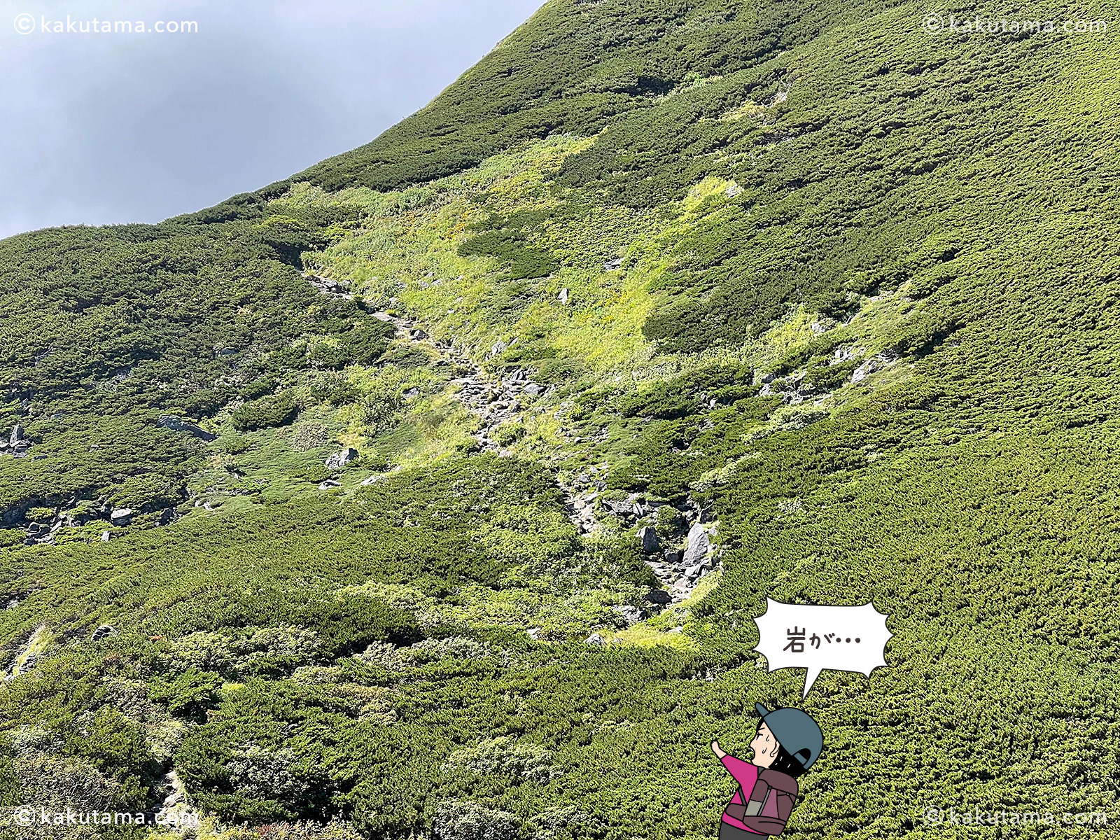 北アルプス、西鎌尾根の写真と登山者のイラスト