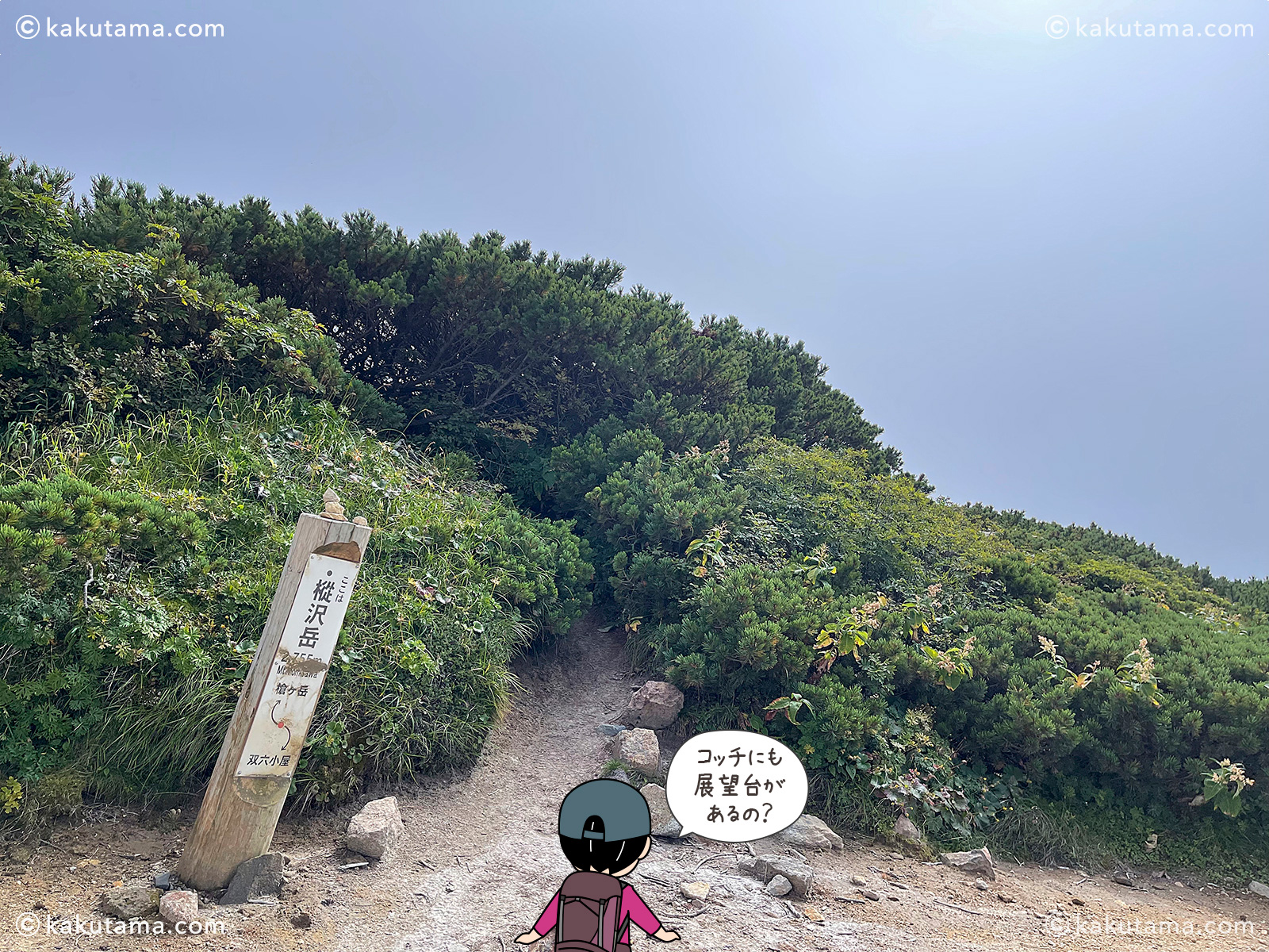 北アルプス、樅沢岳の山頂付近の写真と登山者のイラスト