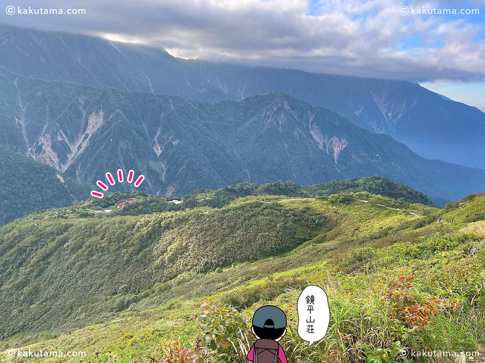 小池新道の鏡平山荘を見下ろす写真と登山者のイラスト