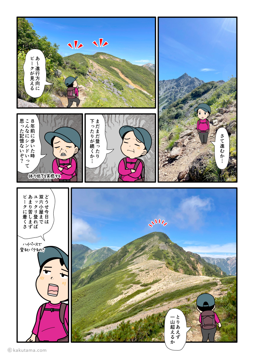 北アルプス、西鎌尾根のピークの上り下りにうんざりし始める登山者の漫画とイラスト