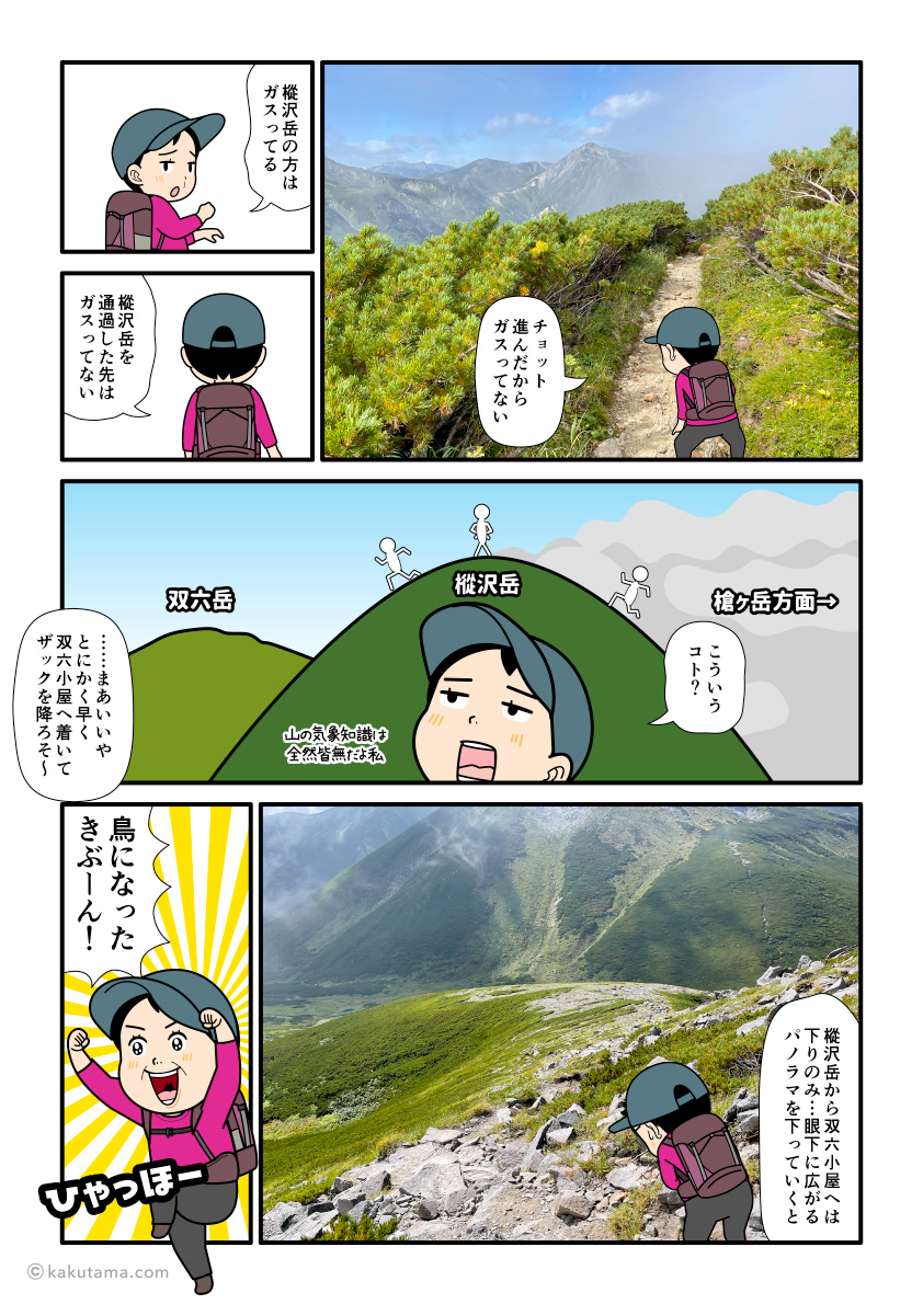 北アルプス樅沢岳から双六小屋へ向かって歩き出す登山者の漫画とイラスト