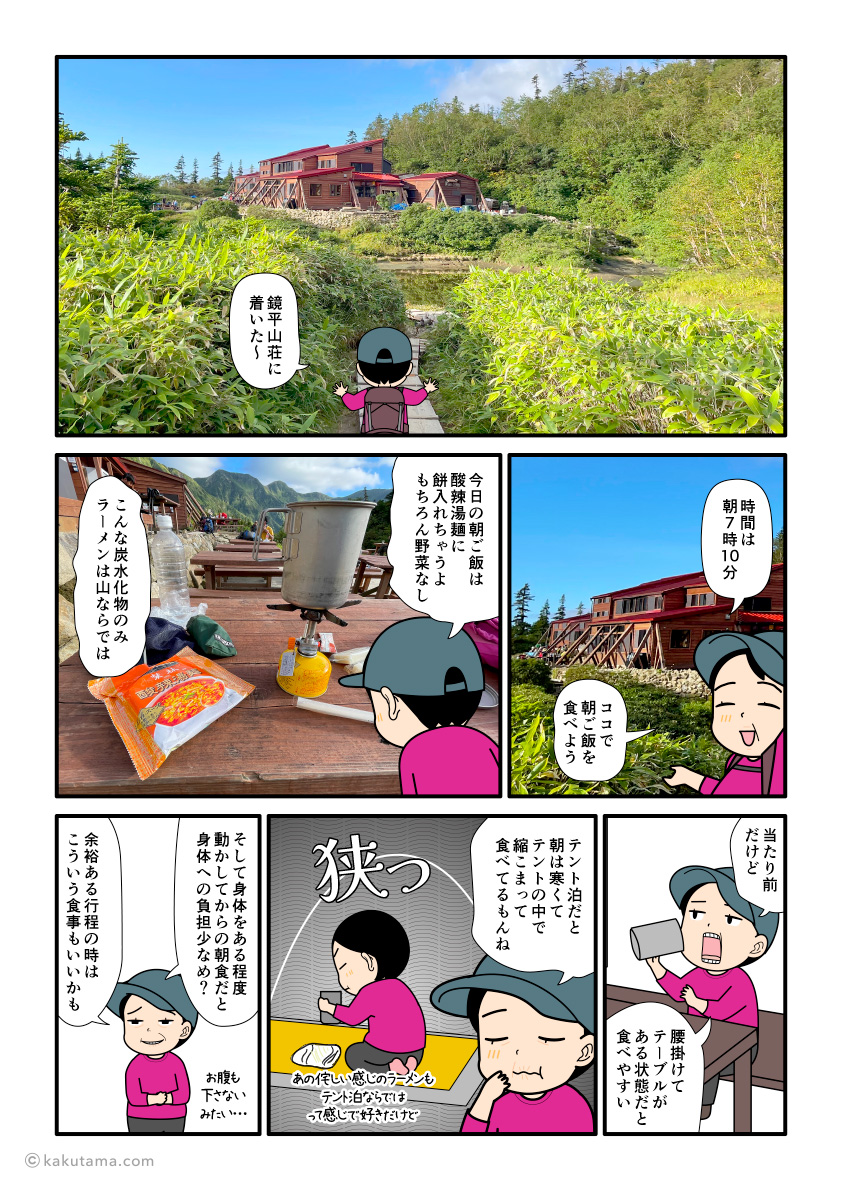 双六小屋から小池新道を下り、鏡平山荘まで下りて来た登山者の漫画とイラスト