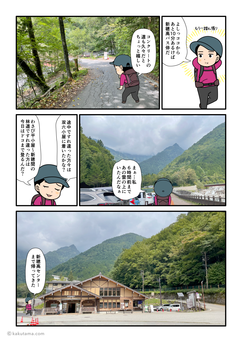 小池新道を下って、左俣林道を歩き、新穂高温泉へ下りてきた登山者の漫画とイラスト