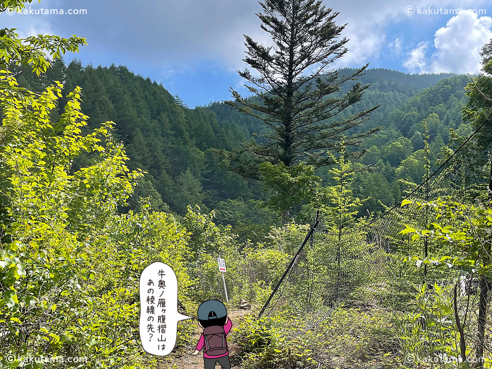 すずらん昆虫館前バス停から牛奥ノ雁ヶ腹摺山を目指して登る写真と登山者のイラスト