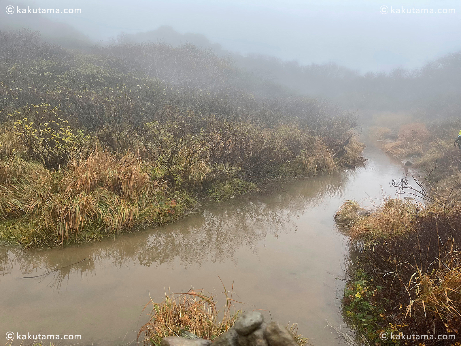 雨で登山道が水没した写真