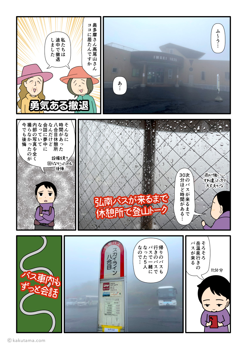 岩木山八合目休憩所で弘南バスを待つ登山者の漫画とイラスト