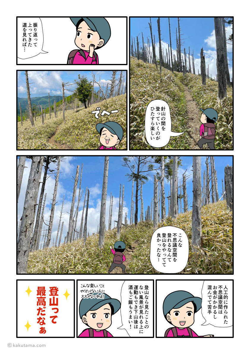 牛奥ノ雁ヶ腹摺山の針の山のような枯れ木ゾーンを登る登山者の漫画とイラスト