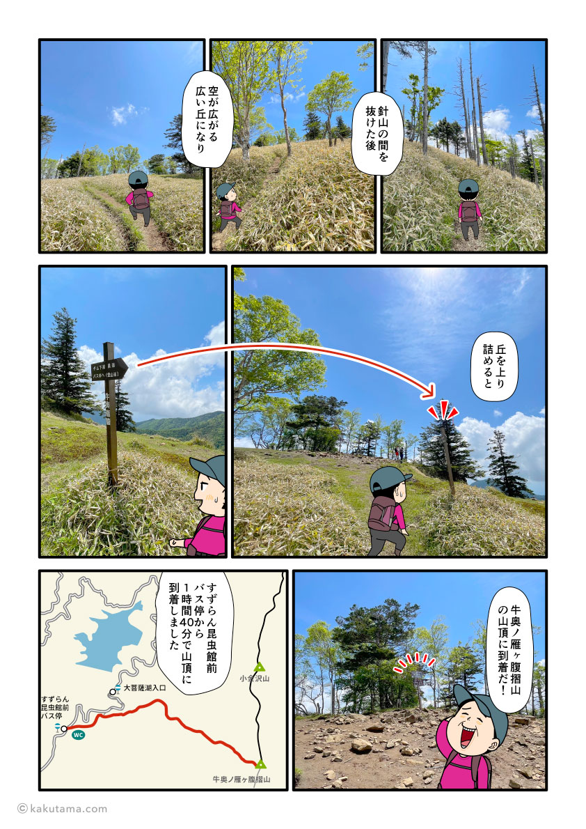 牛奥ノ雁ヶ腹摺山の山頂に着いた登山者の漫画とイラスト