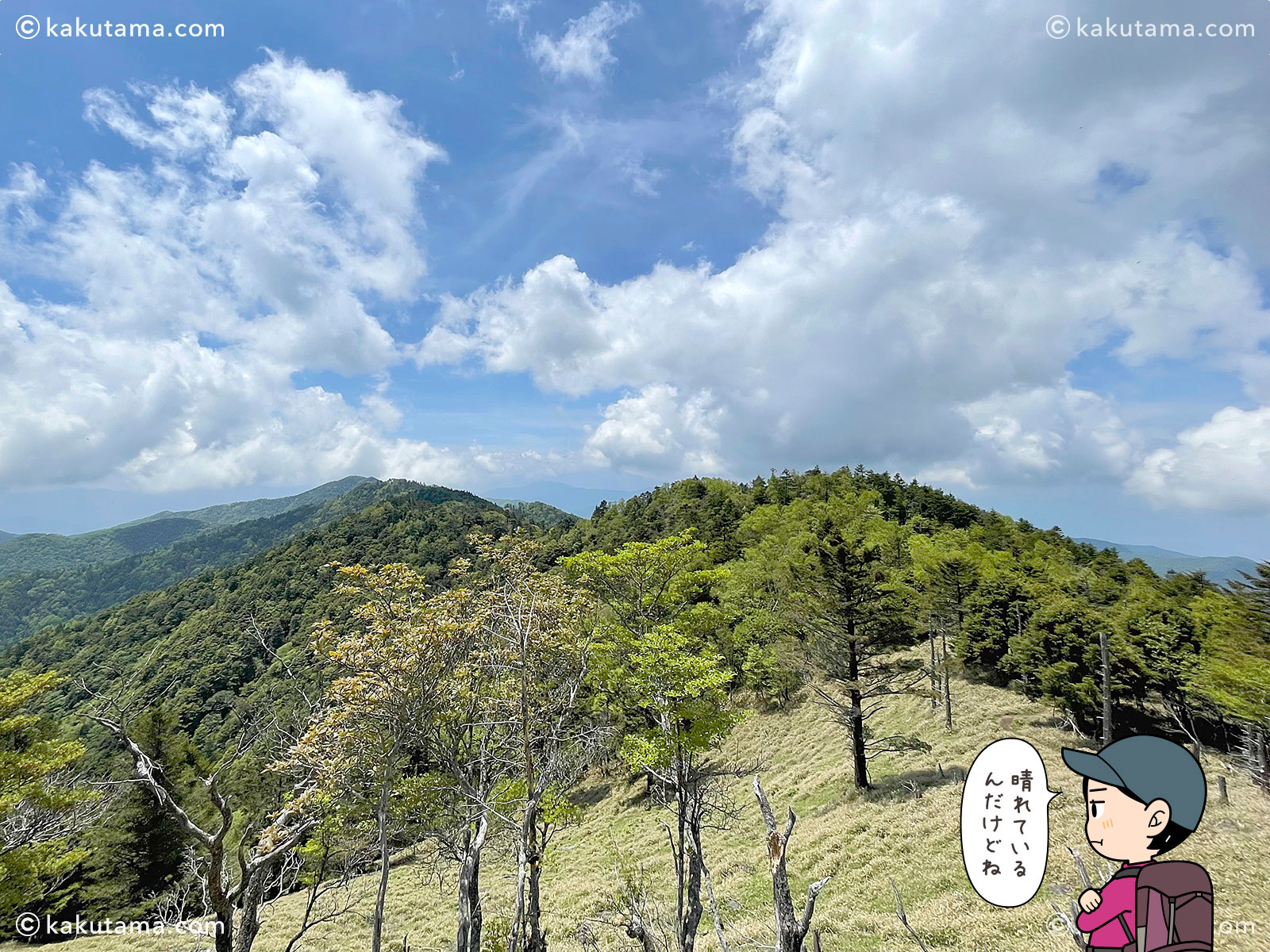 小金沢山山頂から富士山方面を見る写真と登山者のイラスト