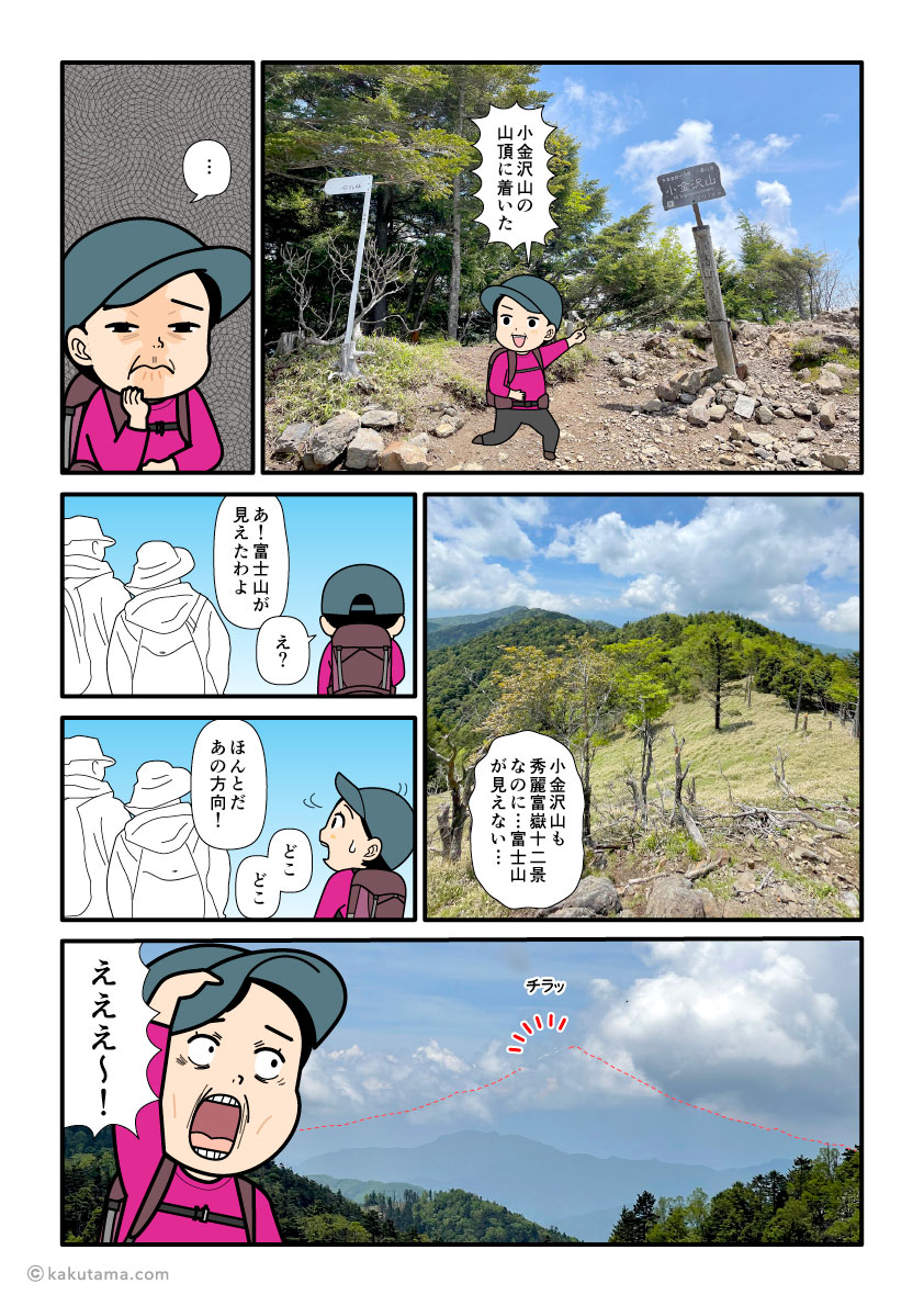 秀麗富嶽十二景の一座である小金沢山から富士山の姿を眺めたい登山者の漫画とイラスト