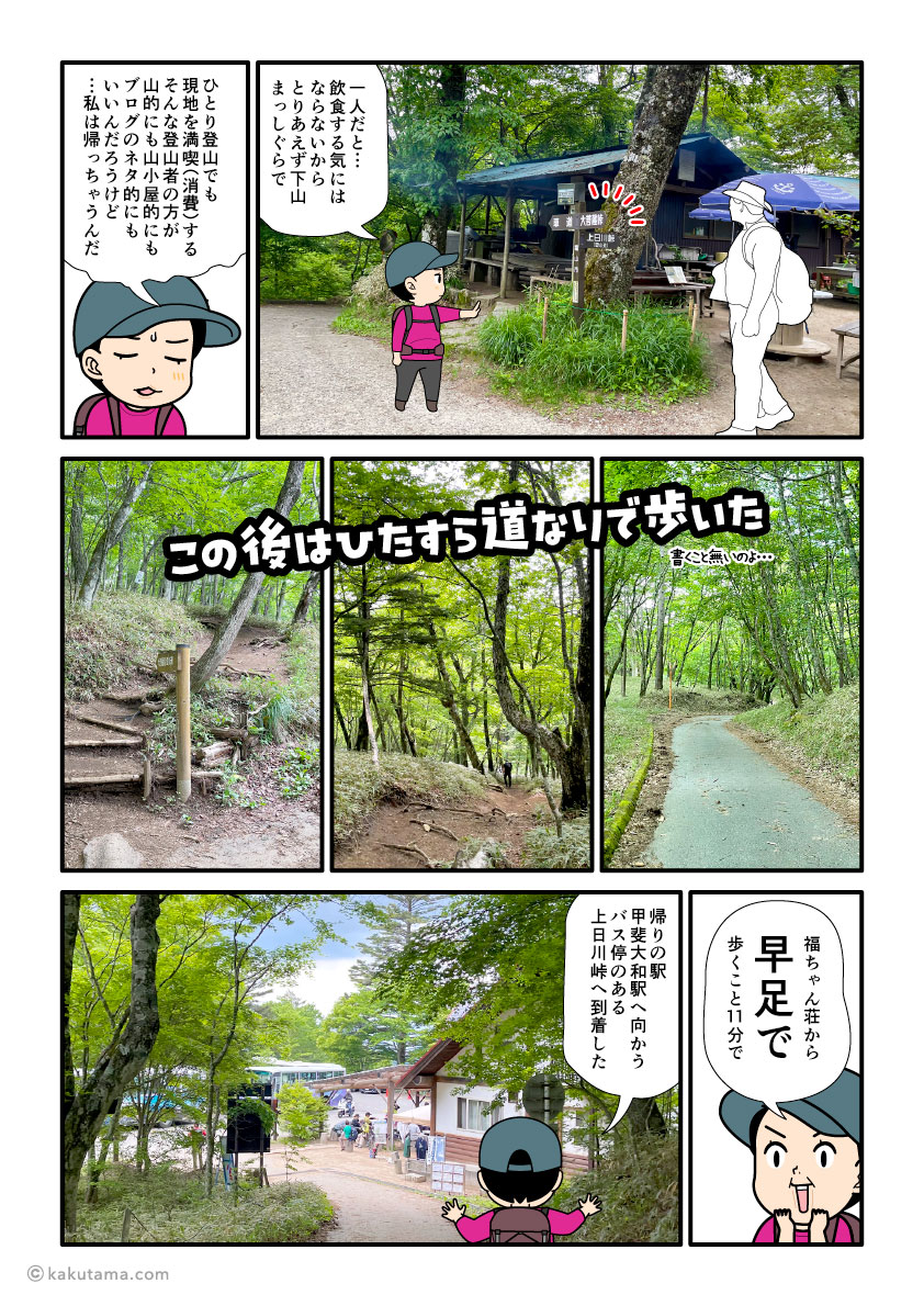 大菩薩嶺、福ちゃん荘から上日川峠へ下山した登山者の漫画