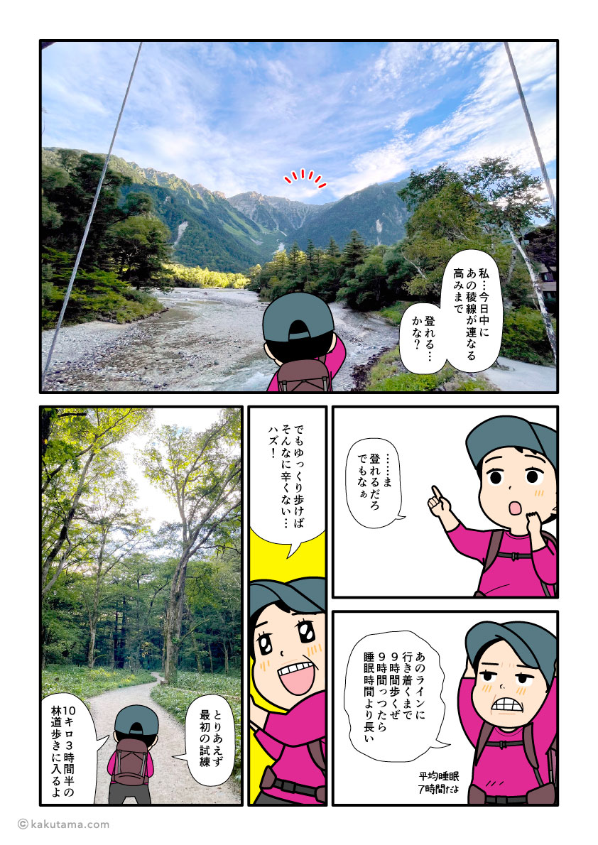 河童橋から穂高の稜線を見上げる登山者の漫画とイラスト