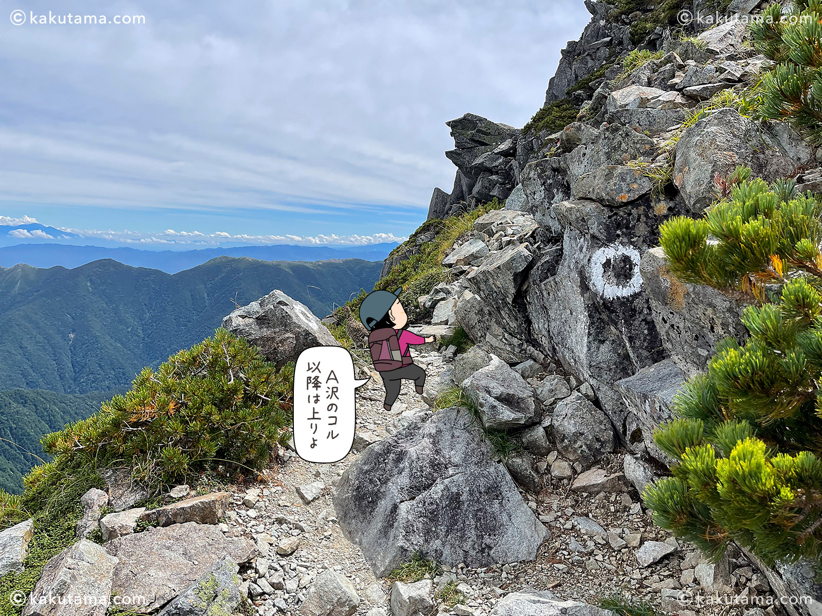 大キレット、北穂高小屋方面はA沢のコルから上りだと思う登山者のイラストと写真