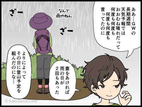 長期天気予報が信じられない登山者の4コマ漫画