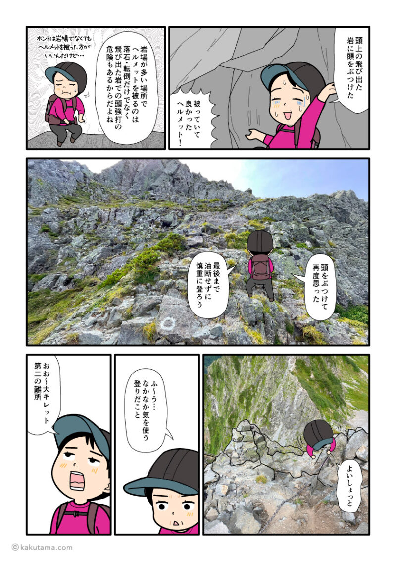 北アルプス、大キレットの飛騨泣きを通過する登山者の漫画とイラスト