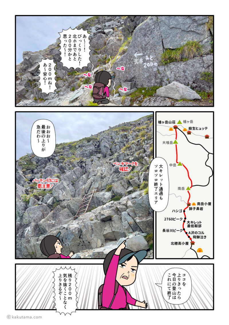 大キレット、北穂まで200mペンキマークを通過し、北穂高小屋に向かって登る登山者の漫画