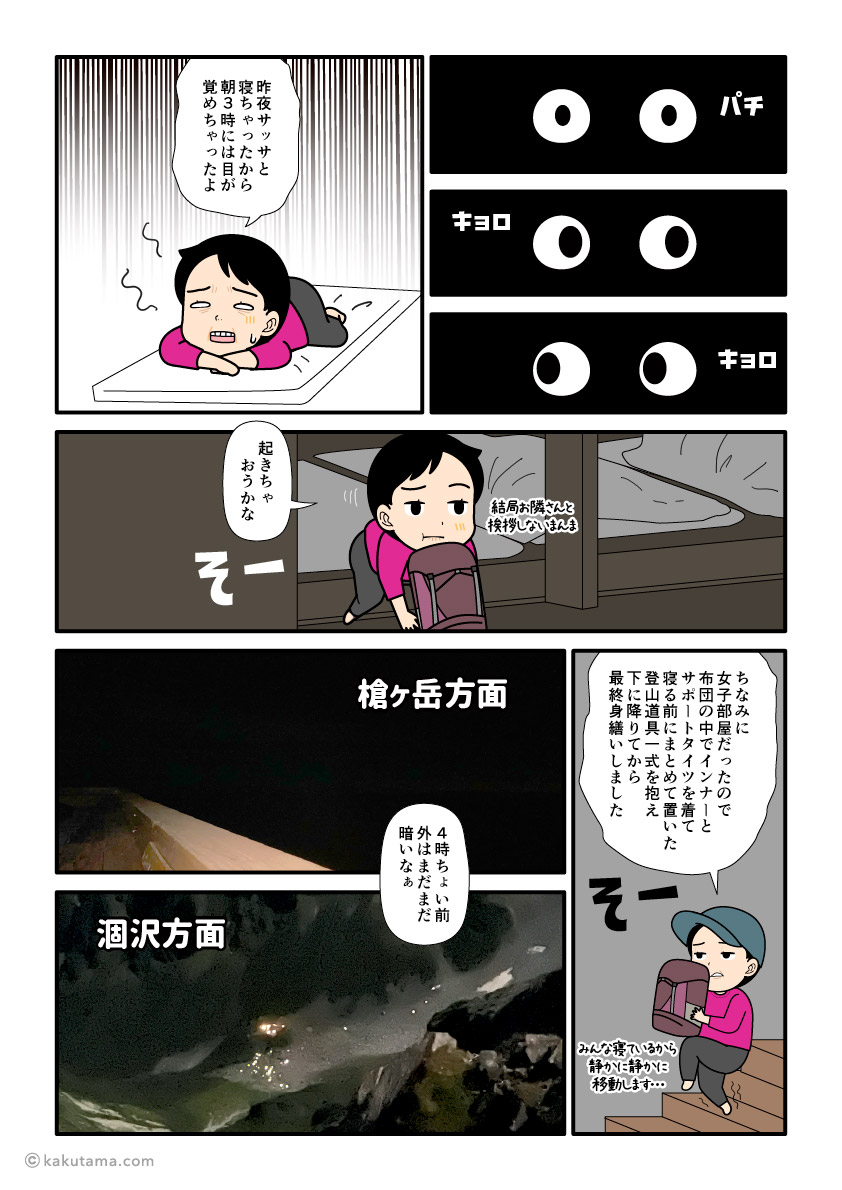 北アルプスの北穂高小屋に宿泊した登山者の漫画とイラスト