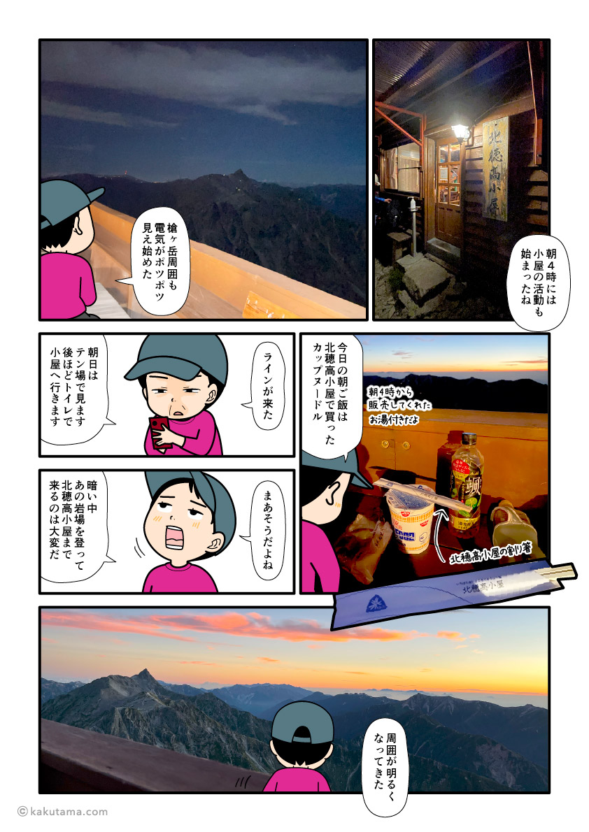 北アルプスの北穂高小屋の北穂テラスで朝食を取る登山者の漫画とイラスト