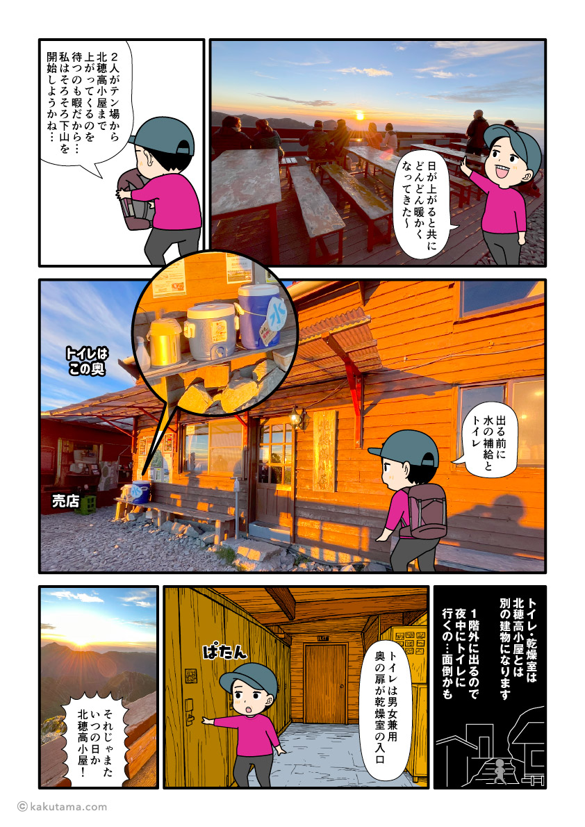 北アルプスの北穂高小屋を出発する登山者の漫画とイラスト