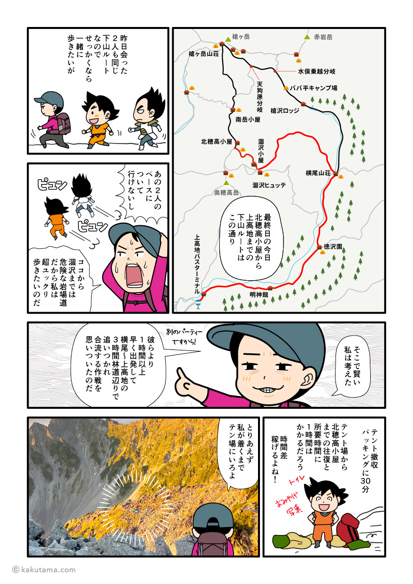 北穂高岳から上高地へ向かっての登山計画を考える登山者の漫画とイラスト