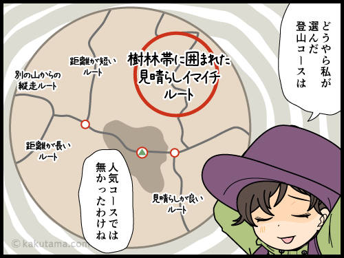 登山道ではずっと一人だったので山頂は賑わっていることにビックリする登山者の漫画