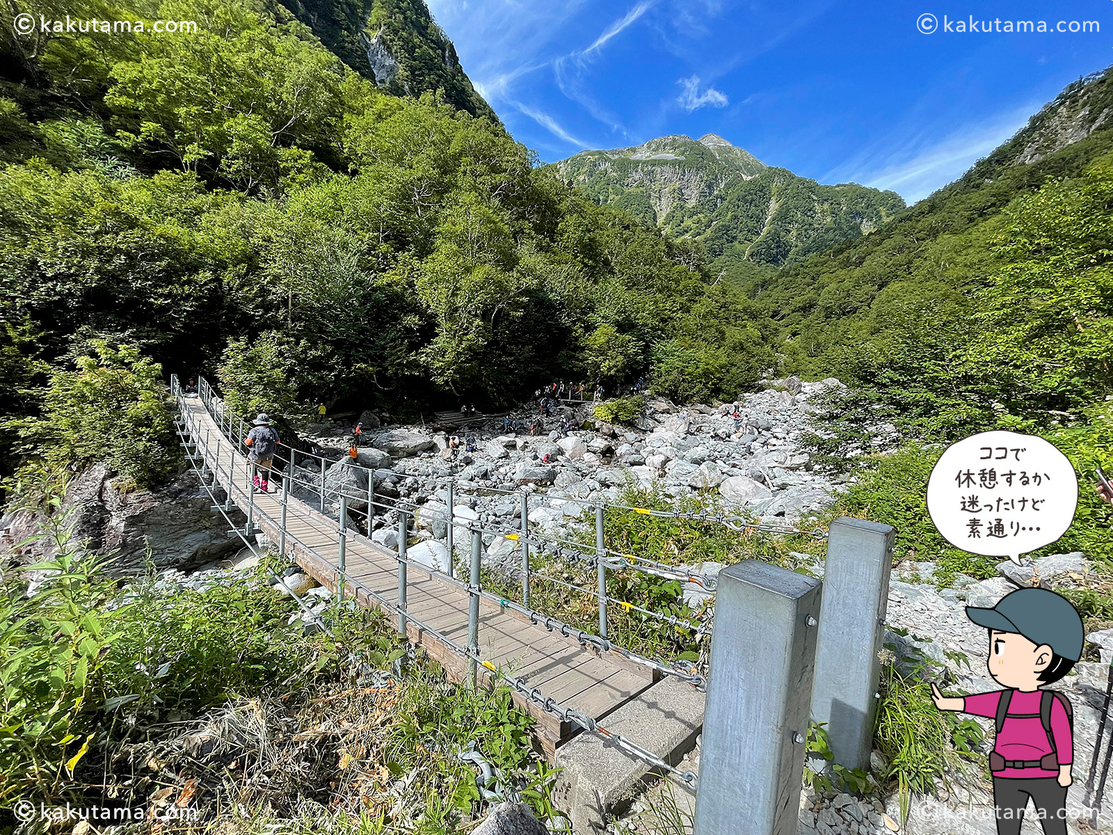涸沢から本谷橋まで来た写真と登山者のイラスト