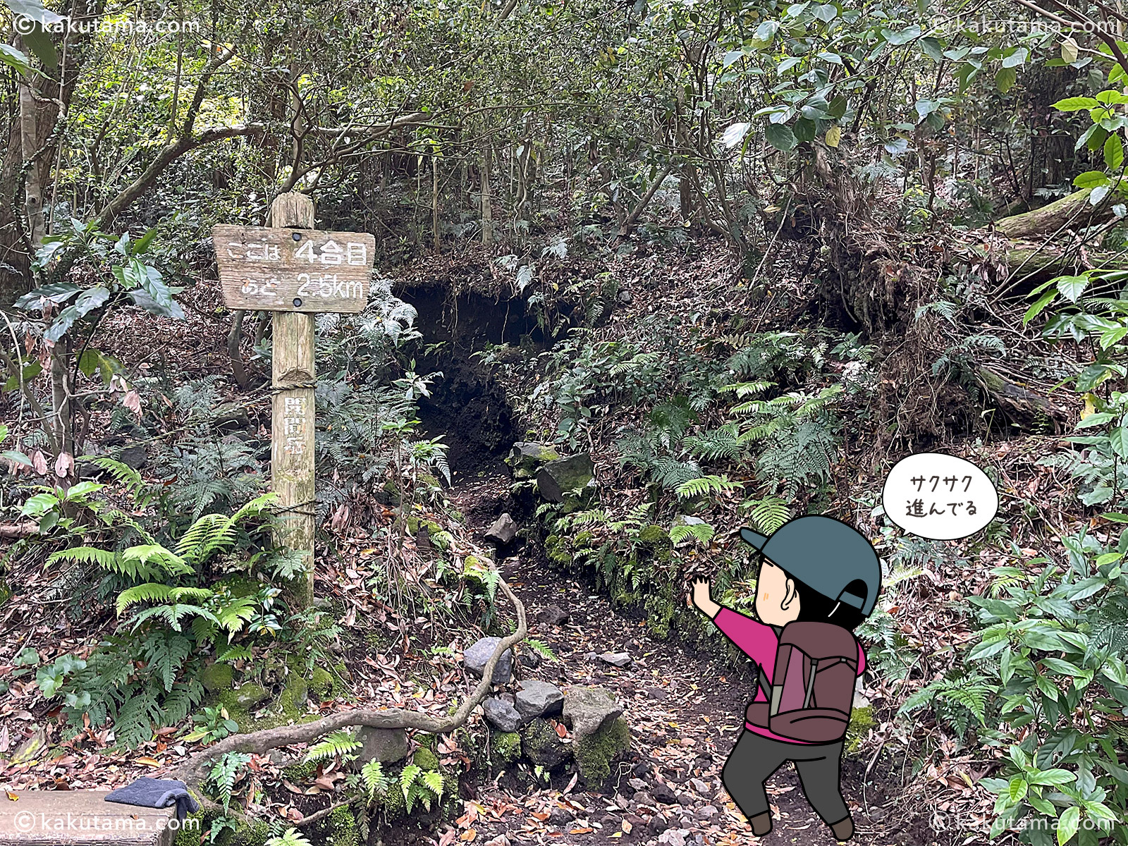 日本百名山開聞岳の4合目の写真と登山者のイラスト