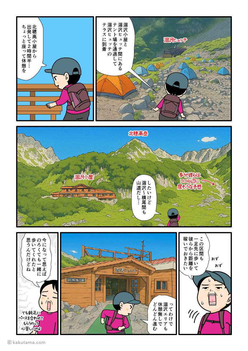 北穂高岳から涸沢エリアに下山して涸沢ヒュッテを通過して下山を続ける登山者の漫画