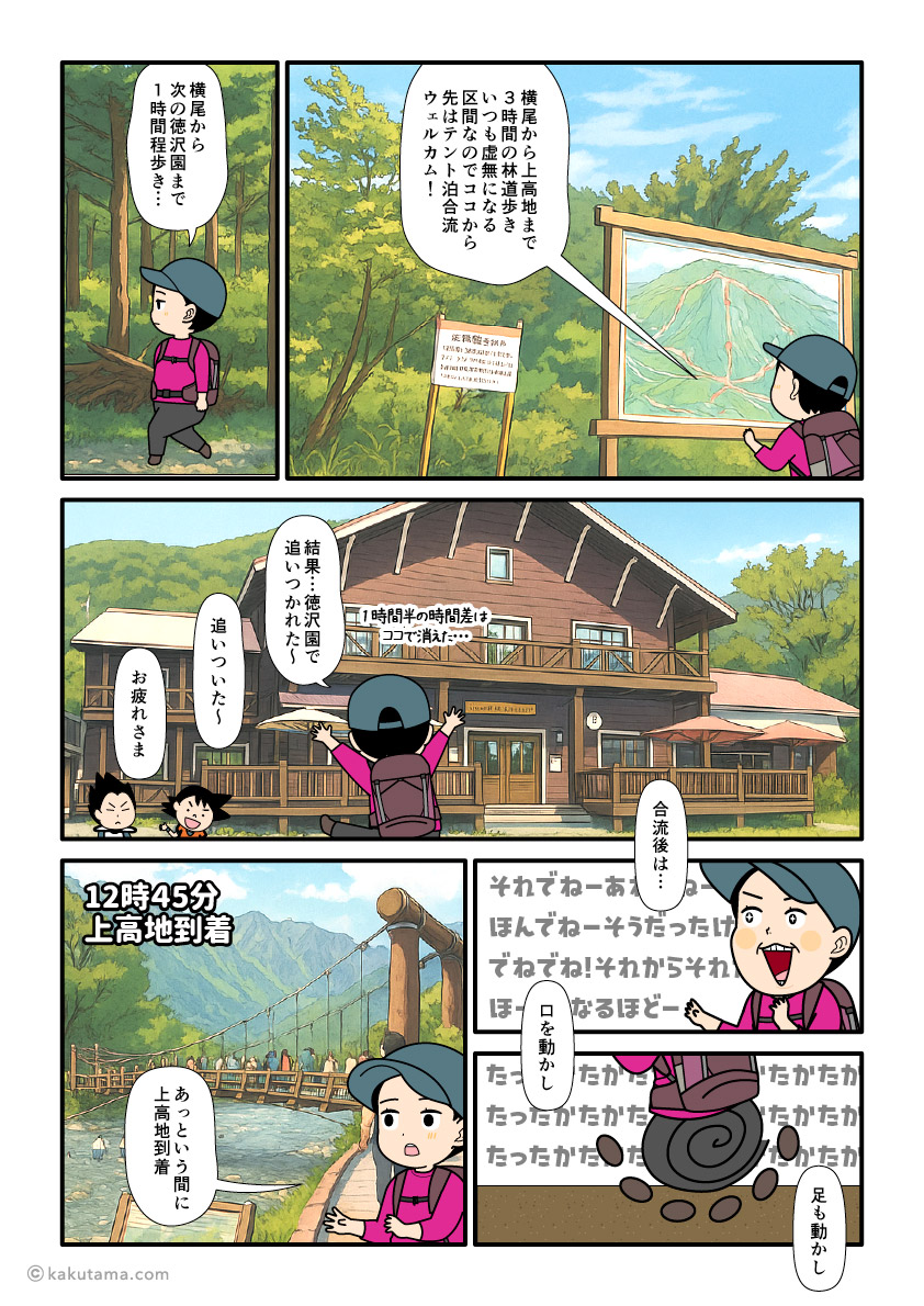 横尾大橋から上高地へ下山する登山者の漫画とイラスト